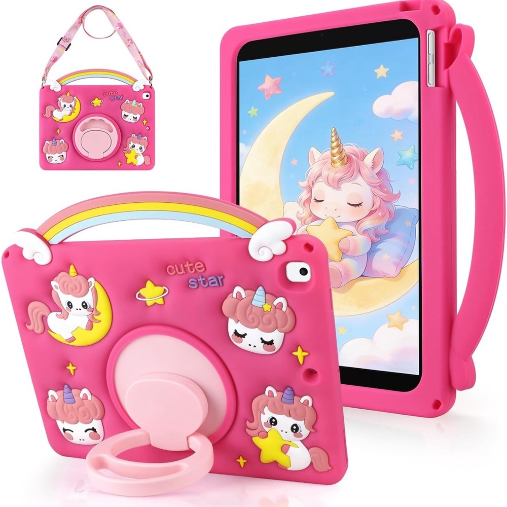 iPad 10.2 Unicorn Kids Case Rose Pink Handle Strap Stand 7th 8th 9th Gen